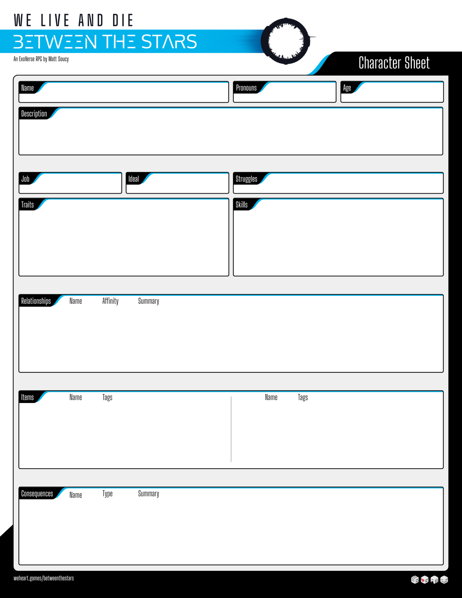 Character sheet for a sci-fi RPG. Fields include: Name, Pronouns, Age, Description, Job, Ideal, Struggles, Traits, Skills, Relationships, Items, and Consequences.