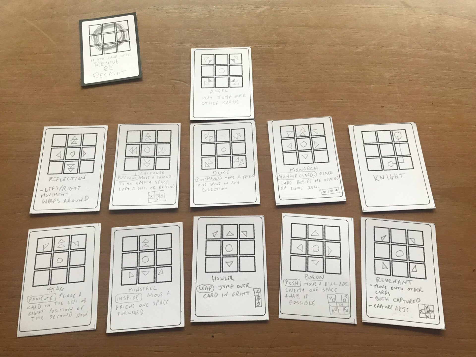 11 cards with a basic 3x3 grid on them and space for ability text below. They are written on with pencil.